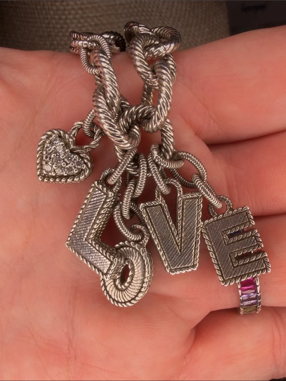 Judith Ripka Sterling Silver LOVE Charm Bracelet with Pave Heart 6 1/2 inches